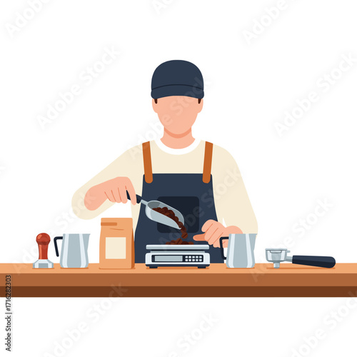 Professional Barista Carefully Weighing Roasted Coffee Beans on a Digital Scale for Brewing Fresh Beverages in a Modern Cafe Setting