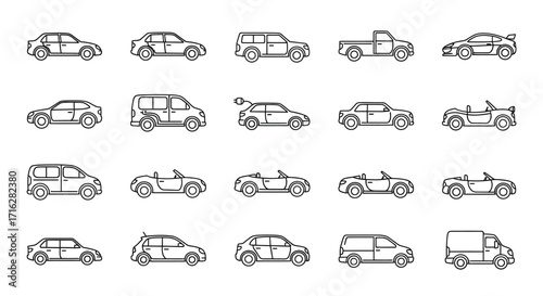 Collection of diverse hand-drawn car silhouettes represents various automobile types and styles vector