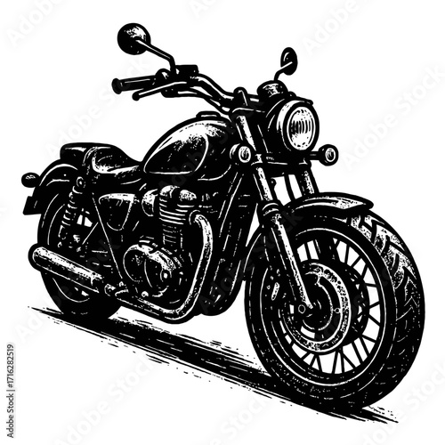 Black and white illustration of a classic cruiser motorcycle, showcasing its powerful engine, robust wheels, and iconic chrome accents in a vintage, hand-drawn style with grunge te