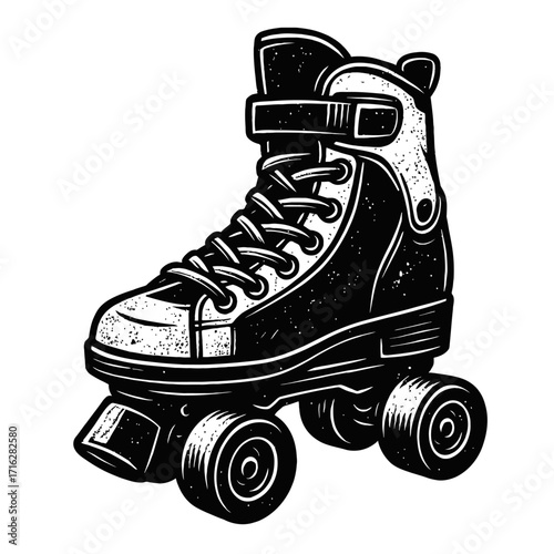 Vintage Black & White Roller Skate Illustration: An iconic high-top quad skate with classic laces and textured wheels, perfect for retro sport enthusiasts, nostalgic designs, and g