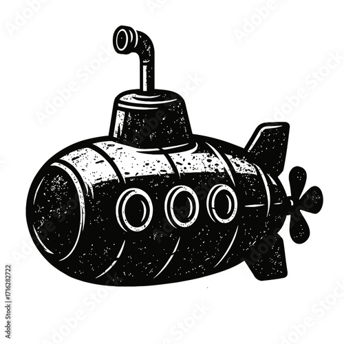 Distressed Black and White Submarine Illustration with Periscope, Portholes, and Propeller - Classic Hand-Drawn Nautical Underwater Vessel Graphic Art for Retro Marine and Ocean Ad