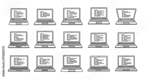 Collection of vintage laptop computer icons representing technology and digital age vector