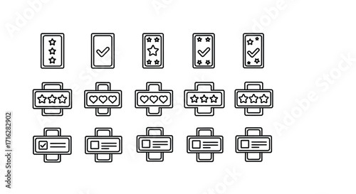Hand-drawn icons representing ratings feedback and content quality with stars and checkmarks vector