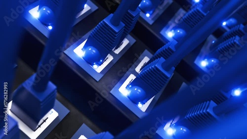 Seamless animation. Close-up of a modern internet switch with connected Ethernet cables. Blockchain technology concept. DPI. Deep Packet Inspection. Internet blocking. Bypassing internet blocking. VPN