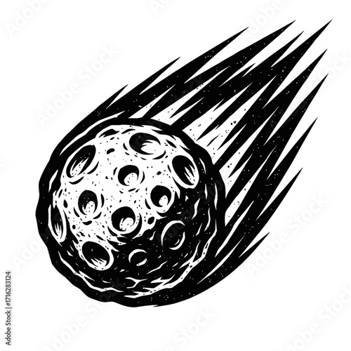 Dynamic Black and White Woodcut Illustration of a Craggy Asteroid or Meteoroid Streaking Through Space with a Fiery Trail, Depicting Cosmic Impact and Celestial Motion Artwork