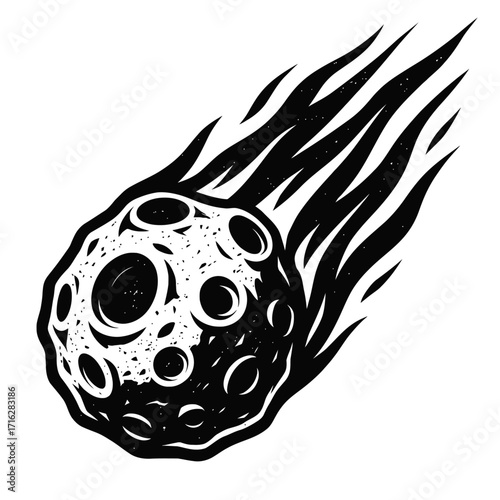 Dynamic monochrome vector illustration of a blazing meteor, an asteroid with a fiery trail, fiercely hurtling through the cosmos. Captures cosmic speed and impact, ideal for sci-fi