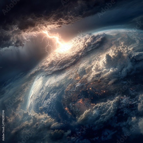 Stormy Planet Earth: Witness the awe-inspiring spectacle of Earth from space, as a raging storm swirls across continents, illuminated by a striking display of lightning.