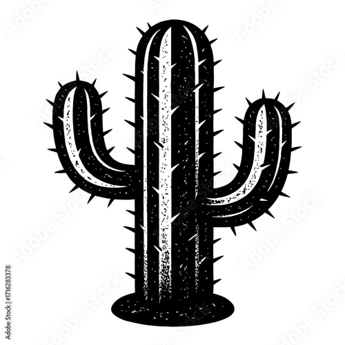 Black and white saguaro cactus illustration with distressed texture, sharp spikes, iconic arms. Perfect for Southwest designs, vintage decor, nature graphics, minimalist art, arid