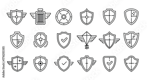 Hand drawn emblem collection featuring shields wings and laurel wreaths icons for design vector