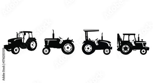 Four diverse silhouette tractors lined up showing agricultural machinery variety for farming vector