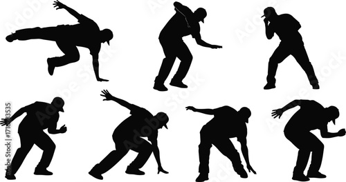 Silhouette hip hop dancers, breakdance moves, street dance performance, urban culture, freestyle motion, energy, rhythm, style