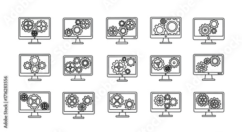 Hand drawn computer monitors displaying interconnected gears symbolizing technology workflow vector