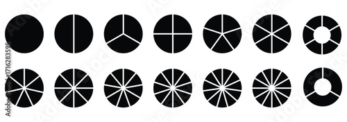 Segments of circle with 1 to 15 pieces. Info graphic icons circles set divided radius in black and white color vector image. Divided circle sections, Black round diagram. Divided circle sections.