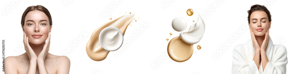 Beauty Concept: Woman, Textures and Cosmetic Swatches on White Background