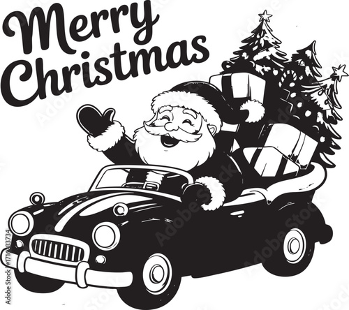 Santa claus driving a red car with christmas trees and gifts with merry christmas text above him