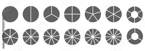 Segments of circle with 1 to 15 pieces. Info graphic icons circles set divided radius in black and white color vector image. Divided circle sections, Black round diagram. Divided circle sections.