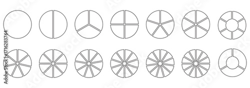 Segments of circle with 1 to 15 pieces. Info graphic icons circles set divided radius in black and white color vector image. Divided circle sections, Black round diagram. Divided circle sections.