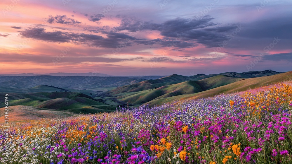Fototapeta premium Rolling hills covered with vibrant wildflowers in a stunning array of colors, bathed in soft pastel hues of a sunset sky, creating a peaceful and serene landscape that embodies the beauty of nature 
