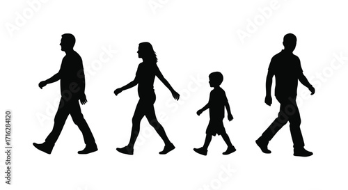 Diverse family silhouettes walking together side by side in unity and motion vector