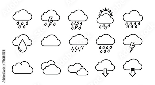 Collection of hand drawn cloud weather icons representing rain snow lightning and sun and moon vector