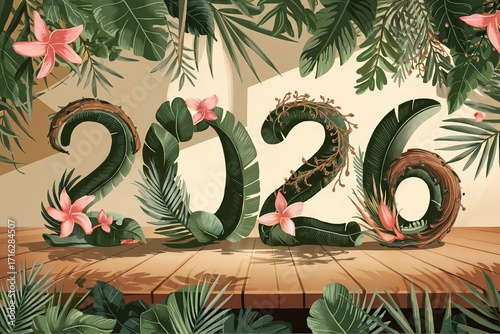 Tropical 2026 Celebration with Lush Greenery and Floral Accents