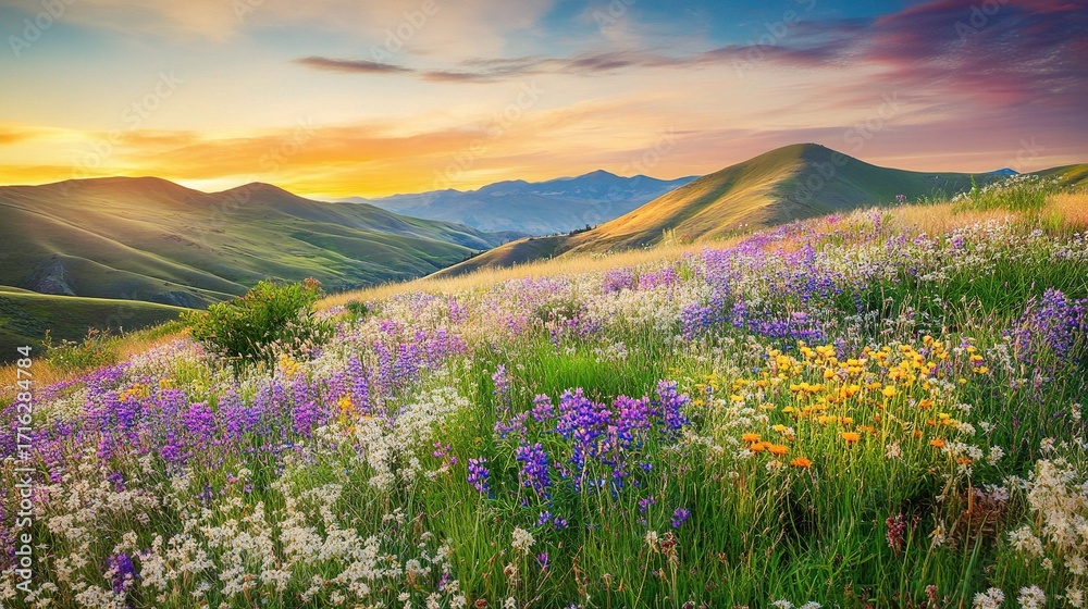 Fototapeta premium Rolling hills covered with vibrant wildflowers in a stunning array of colors, bathed in soft pastel hues of a sunset sky, creating a peaceful and serene landscape that embodies the beauty of nature