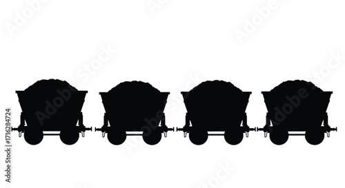 Four silhouette coal mine carts connected in a row transporting cargo vector