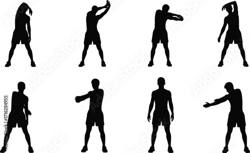 Silhouette man stretching exercises, fitness warm up routine, workout preparation, body flexibility, healthy lifestyle, gym training
