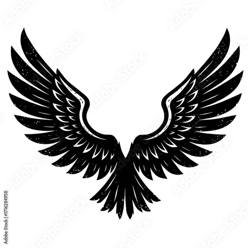 Majestic black spread wings vector illustration with grunge texture, perfect for powerful logos, emblems, tattoo designs, and freedom-themed graphics. A symbolic bird of prey soari
