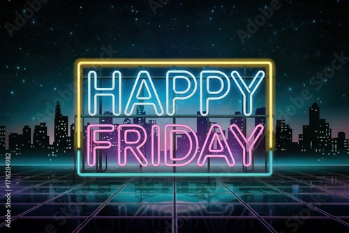 Vibrant Neon Sign Celebrating Happy Friday Against a Retro Cityscape Background