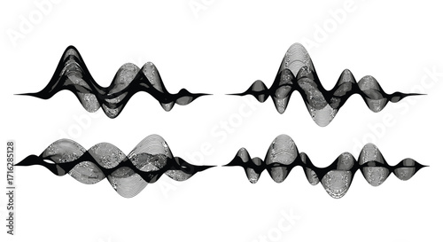 Four abstract black sound waveforms displaying dynamic audio signals and rhythmic patterns vector