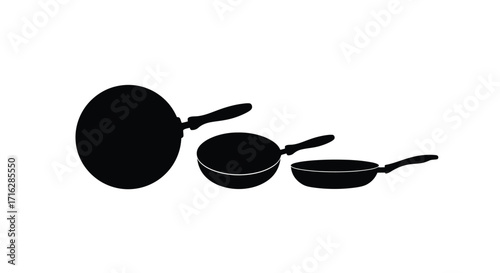 Three black frying pans of varying sizes isolated on a kitchenware set vector
