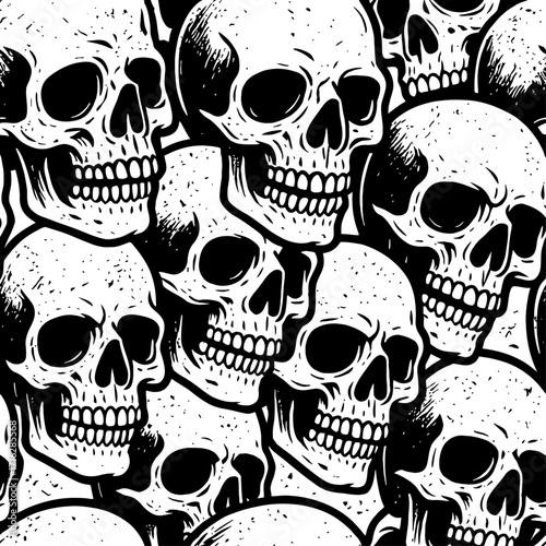 Distressed Black & White Skull Pattern: A seamless bold hand-drawn graphic design featuring multiple human skulls, embodying gothic, grunge, and tattoo art styles for edgy backgrou