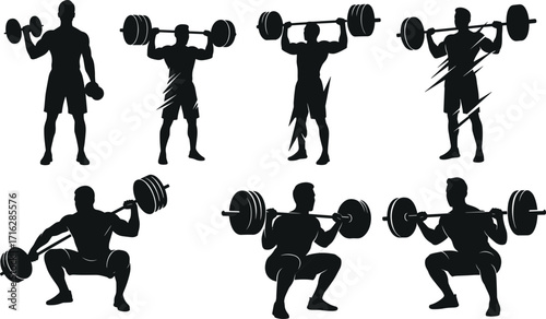 Silhouette man weightlifting with barbell, gym workout, fitness training, bodybuilding exercise, strength power, squat illustration