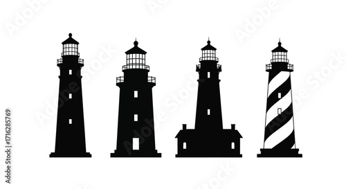 Set of diverse lighthouse silhouettes for maritime navigation and coastal design projects vector