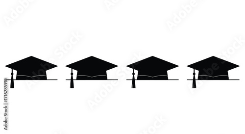 Row of graduation caps with tassels displayed horizontally symbolizing academic achievement and success vector