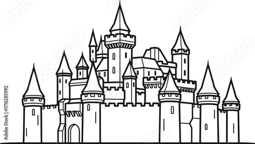 Black outline castle with towers, spires, and battlements