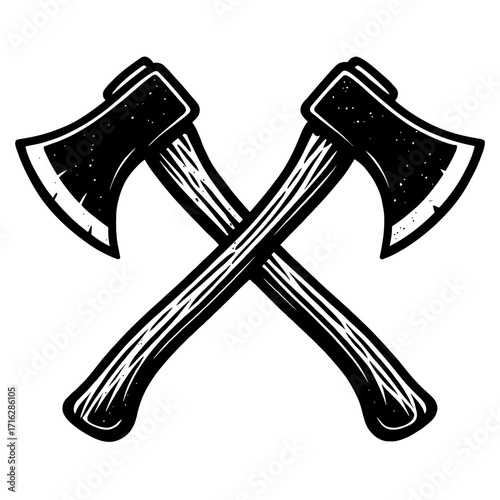 Vintage Crossed Axes Vector Illustration: Rustic Lumberjack Emblem Design for Woodcutting, Logging, Wilderness, and Outdoor Adventure Themes, Black and White Graphic for Badges and