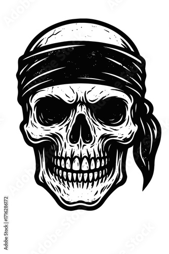 Bold black and white woodcut illustration of a menacing human skull adorned with a classic bandana. A striking graphic design embodying rebel spirit, pirate aesthetics, and vintage