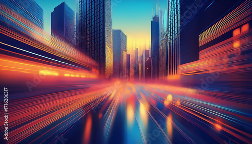 Futuristic Cityscape with Light Trails and Tall Buildings at Sunset urban skyscrapers