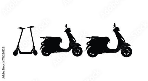 Silhouettes of electric scooter and two classic scooters showcasing urban mobility options vector