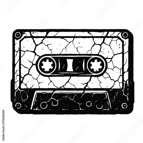 Distressed cracked grunge vintage retro audio cassette tape illustration, a nostalgic black and white old school music icon from the 80s and 90s, embodying analog sound history & p