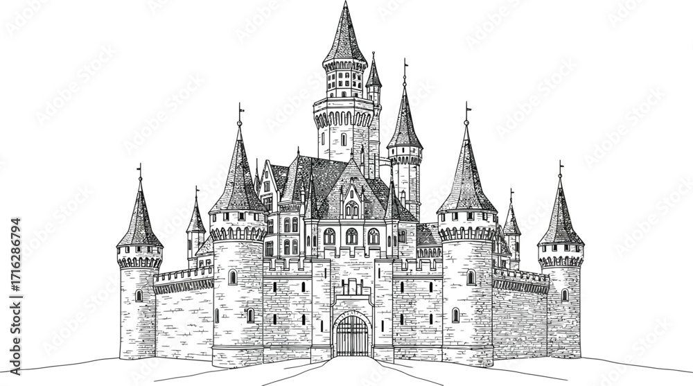 Obraz premium Detailed Castle Illustration, Medieval Architecture on White