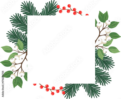 Square vector Christmas banner with fir branches, mistletoe, and holly berries (Ilex aquifolium). Christmas background.