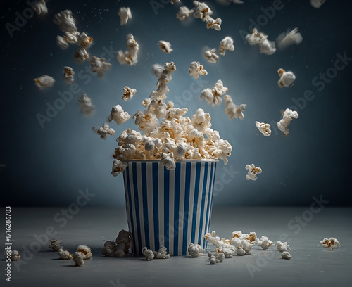 Popcorn bursts from striped container against dark background