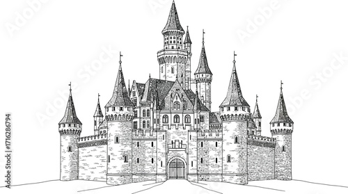 Detailed Castle Illustration, Medieval Architecture on White