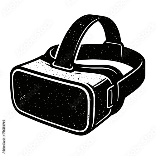 Striking black and white illustration of a modern virtual reality (VR) headset, representing immersive digital worlds, advanced gaming, metaverse exploration, and future tech conce
