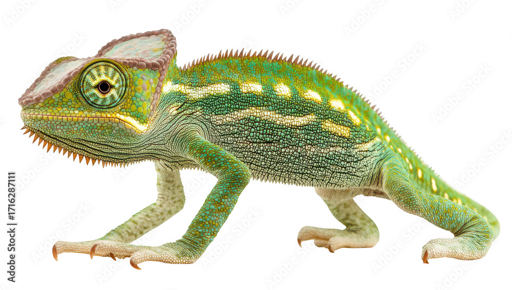 Obraz premium A green chameleon with intricate patterns and textures. poised on a white background. its unique features. ideal for educational and wildlife-related content