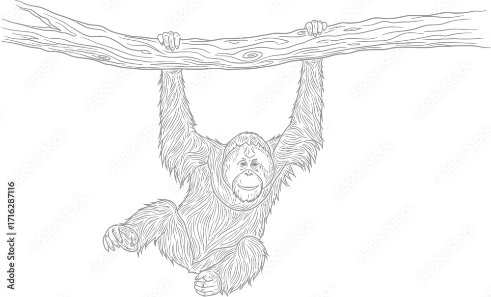 Fototapeta premium Orangutan Hanging from Branch, Line Art, Primate in the Jungle