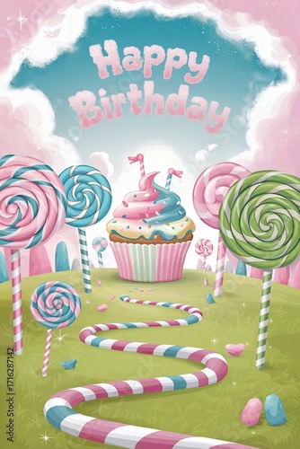 Whimsical Birthday Celebration with Cupcake and Lollipops in a Colorful Landscape